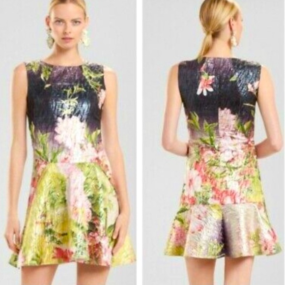 NATORI Birds Of Paradise Jacquard Shimmer Metallic Drop Waist Dress Size 10 NEW - Picture 2 of 12